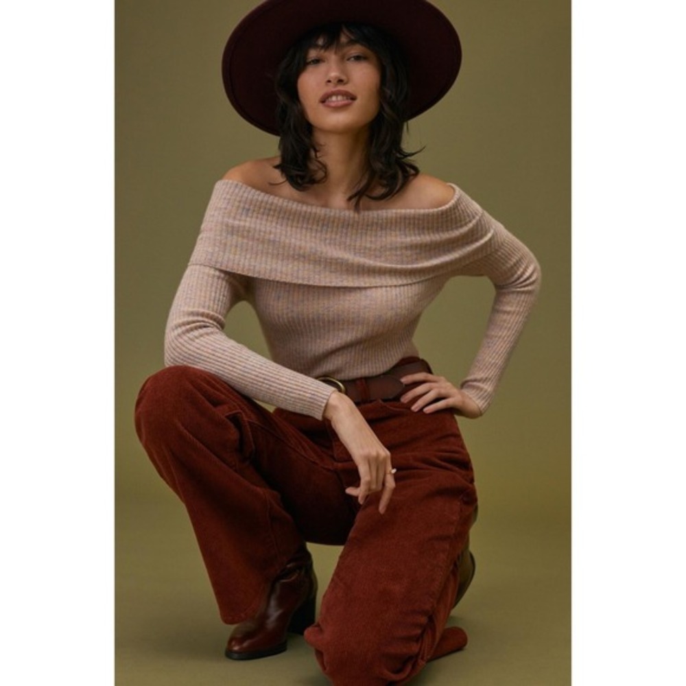 $260 Anthropologie Maeve Off-The-Shoulder Cashmere Sweater NEUTRAL MOTIF Sz XS